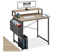 Bureau - TECTAKE - Bureau EVERETT en bois et acier avec étagère de rangement et pochette en tissu, 80 x 55 x 90 cm - Bois clair