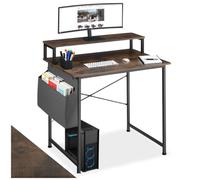 Bureau - TECTAKE - Bureau EVERETT en bois et acier avec étagère de rangement et pochette en tissu, 80 x 55 x 90 cm - Bois foncé