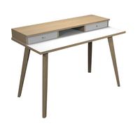 Bureau télétravail Elizey pieds bois massif 120 x 60 cm réhausse 2 tiroirs et niche de rangement - Chêne naturel / Blanc