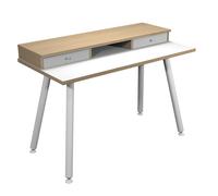 Bureau télétravail Elizey pieds métal 120 x 60 cm réhausse 2 tiroirs et niche de rangement- Chêne naturel / Blanc