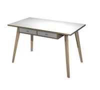 Bureau télétravail Marquize pieds bois massif 120 x 60 cm réhausse 2 tiroirs suspendus - Chêne naturel / Blanc