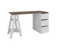 Bureau Tréteau et Caisson 3 Tiroirs Blanc et Châtaignier L 135 H 75 P 60 cm
