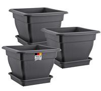 BURI Lot de 3 grands pots de fleurs XL - Réservoir d'eau - 48 x 48 cm - Pot de fleurs et soucoupe - Plastique - Fabriqué en Allemagne - Anthracite