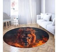 Burning Lion Round Descente de Lit 170cm imprimé 3D Rond Dream Animal Grand Lavable antidérapant Chambre Salle Jeu Bureau Orange Noir Tapis