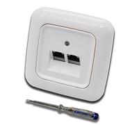 Busch Jäger, Rutenbeck Prise réseau encastrée Ethernet 10 Gigabit/S (10GbE) KAT6A 6A - 2 ports RJ45 dans le cadre ReflexSi blanc alpin et cache UAE avec testeur de phase EBROM pour le montage de