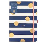 Busy B - Agenda journalier - Janvier à Décembre 2024 - Motif à Rayure Bleu Marine - Planificateur journalier A5 avec pages lignées, notes et calendrier annuel