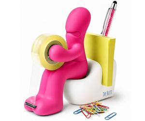 Butt Station - Gadget Insolite Utile & Cadeau Drôle pour le Bureau - Dérouleur de Scotch Rigolo avec Ruban Adhésif, Trombones, Notes Adhésives et Stylo Inclus - Déco Bureau Originale (Rose)