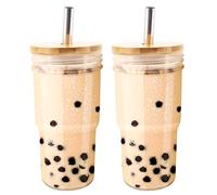 Buwico Lot de 2 tasses à café en verre avec paille et couvercle en bambou - 700 ml - Pour cappuccino, latte, yaourt, lait, anniversaire, Noël