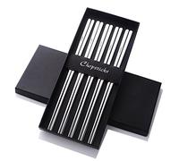 Buyer Star 5 paires Ensemble de baguettes Acier inoxydable Baguettes coréennes 9 pouces Acier argenté Chopsticks Anti-chaud avec boîte-cadeau