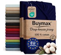 Buymax - Lot de 2 draps-Housses 140x200 cm - 100% Coton - Bleu Marine | Jersey doux et respirant, certifié OEKO-TEX, bonnet jusqu’à 25 cm et élastique intégral pour un maintien fiable.