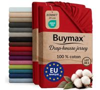 Buymax - Lot de 2 draps-Housses 160x200 cm - 100% Coton - Rouge | Jersey doux et respirant, certifié OEKO-TEX, bonnet jusqu’à 25 cm et élastique intégral pour un maintien fiable.