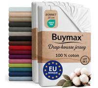 Buymax - Lot de 2 draps-Housses 180x200 cm - 100% Coton - Blanc | Jersey doux et respirant, certifié OEKO-TEX, bonnet jusqu’à 25 cm et élastique intégral pour un maintien fiable.