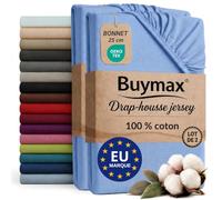 Buymax - Lot de 2 draps-Housses 200x200 cm - 100% Coton - Bleu Clair | Jersey doux et respirant, certifié OEKO-TEX, bonnet jusqu’à 25 cm et élastique intégral pour un maintien fiable.