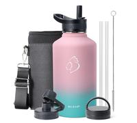 BUZIO Bouteille d'eau isotherme de 1,9 L avec paille et 3 couvercles et pochette de transport, gourde étanche demi-gallon en acier inoxydable, garde le froid pendant 48 heures, cantine thermos à