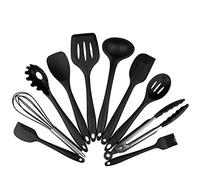 BYbrutek 10 pcs kit Ustensiles de Cuisine Silicone, sans BPA, contient 2 x Spatula Louche Palettes Cuillère à spaghetti Cuillère à servir Fouet Tong Pinceaux (10 PCS Noir)