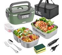 BYbrutek Lunch box chauffante électrique 100W, boîte à repas portable 3 en 1, boîte à sandwich en acier inoxydable de 1,5L avec compartiment amovible, 12V/24V/220V boîte isotherme pour voiture/camion