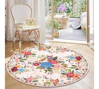 BYBSRLL Tapis Rond 120cm Lavable Machine, Moquette Antidérapante Poil Bas Style Boho, Motif Floral Oriental Doux pour Salon, Chambre, Cuisine, Nursery, Bureau