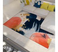 BYLEEHOMED Tapis de Cuisine Moderne Bleu Marine et Orange Tapis Abstraits dorés à Points en Feuille d’Aluminium de Sol Contemporain à Coups de Pinceau épais pour Chambre 150x210cm