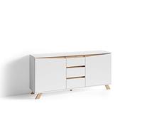 byLIVING Buffet Valentin avec 2 Portes et 3 tiroirs | Commode blanche mate avec finition aspect chêne, style scandinave, sans poignées, L 160 cm, H 80 cm, P 38 cm