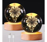 BYZESTY Lot De 2 Boules De Cristal 3d, Trèfle Porte-Bonheur Lampe Boule Système Solaire 3d, Boule De Cristal Avec Led, Cadeau Gardien, Boule De Cristal Led 6 Cm Avec Base En Bois Pour Saint Valentin