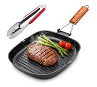 BYZESTY Poêle à Griller En Fonte Induction Ondulé, 24 x 24 cm Poêle Grill Antiadhésive Avec Poignée En Bois Pliante, Poêle à Steak Carrée En Acier Au Carbone pour Barbecue et Cuisine