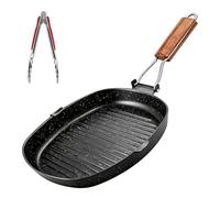 BYZESTY Poêle à Griller En Fonte Induction Ondulé, 24 x 24 cm Poêle Grill Antiadhésive Avec Poignée En Bois Pliante, Poêle à Steak Carrée En Acier Au Carbone pour Barbecue et Cuisine