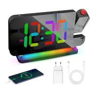 BYZESTY Réveil Projecteur Plafond, Réveil Projection Plafond avec LED RGB Miroir, Réveil Lumineux 10 Couleurs et Projecteur Orientable 180°, Réveil Numérique USB-C pour Chambre, Enfants et Bureau