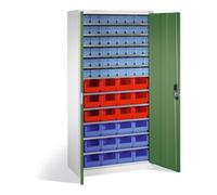 C + P Möbelsysteme Armoire à bacs C+P avec 72 bacs à bec et bacs à rayonnages, H1980xL1000xP420mm Façade vert réséda Corps gris clair Quantité:1