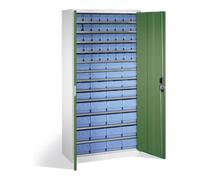 C + P Möbelsysteme Armoire à bacs C+P avec 72 bacs d'étagères, H1980xL1000xP420mm Façade vert réséda Corps gris clair Quantité:1