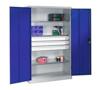 C + P Möbelsysteme Armoire à outils C+P à portes battantes, 3 tablettes et 3 tiroirs, H1950xL1200xP500mm Façade bleu gentiane Corps gris clair Quantité:1