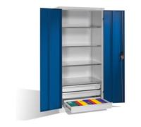 C + P Möbelsysteme Armoire à outils C+P à portes battantes, 4 tablettes et 3 tiroirs, H1950xL930xP600mm Façade bleu gentiane Corps gris clair Quantité:1