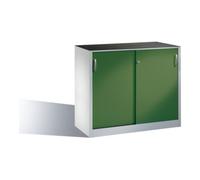 C + P Möbelsysteme Armoire à outils C+P avec portes coulissantes, intérieur 1 tablette, H1000xL1200xP500mm Face avant Reseda vert corps gris clair Quantité:1