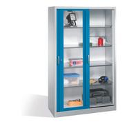 C + P Möbelsysteme Armoire à outils C+P avec portes coulissantes vitrées, 4 étagères, H1950xL1200xP500mm face avant caisson bleu clair gris clair Quantité:1