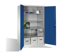 C + P Möbelsysteme Armoire à outils C+P XXL avec portes battantes, 4 tablettes intérieures, H1950xL1200xP800mm Façade bleu gentiane Corps gris clair Quantité:1