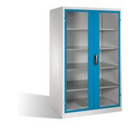 C + P Möbelsysteme Armoire à outils C+P XXL avec portes battantes à fenêtre transparente, 4 tablettes, H1950xL1200xP800mm Façade bleu clair Corps gris clair Quantité:1