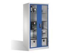 C + P Möbelsysteme Armoire à outils C+P XXL avec portes battantes à fenêtre transparente, 4 tablettes intérieures, H1950xL930xP800mm Façade bleu gentiane Corps gris clair Quantité:1