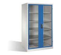 C + P Möbelsysteme Armoire à outils C+P XXL avec portes battantes à fenêtre transparente, 4 tablettes, H1950xL1200xP800mm Façade bleu gentiane Corps gris clair Quantité:1