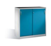 C + P Möbelsysteme Armoire latérale C+P pour charges lourdes avec portes coulissantes, 2 étagères, H1200xL1200xP500mm à l'avant corps bleu clair corps gris clair Quantité:1