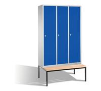 C + P Möbelsysteme C+P Vestiaire Classic avec banc, 3 casiers, H2090×I1200×P500/815mm, façade bleu gentiane, corps gris clair Quantité:1