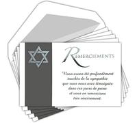 C5271 Remerciements Condoléances Juives Lot 5 Cartes identiques Texte Argenté + 5 Enveloppes Blanches Format 9x14cm Symbole Étoile de David Décès Obsèques Deuil Pochette Fabriqué en France