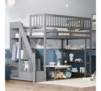 Cabane grise 90 x 200, système de sécurité pour armoire avec armoire, plinthes et espace de rangement avec échelle de sécurité, lit en bois multifonctionnel, lit simple, gris