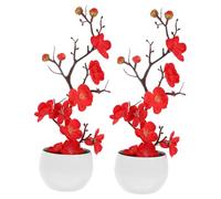 Cabilock 2 pièces Ornement Fleur Artificielle Pot Rouge Décoration Fausse Fleur Bonsai Intérieur Plante de Table Simulée pour Salon Bureau Chambre