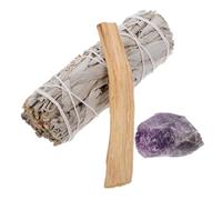 Cabilock Set de Bâtons de Sauge Blanche Naturelle pour Purification et Relaxation Bâtonnet de Fumigation Parfumé Kit Sacré avec Cristal Violet pour Yoga et