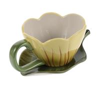 Cabilock Tasse à Café Tulipe en Céramique 320ml avec Soucoupe, Jaune | Peinte à Main, Anse Ergonomique, Lavage au Lave-vaisselle, Usage Bureau et Fête