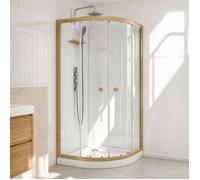 Cabine de Douche 1/4 de cercle 90x90x200/230cm Effet Bois et Fonds Blancs - Receveur Bas