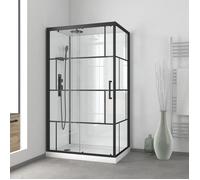 Cabine de douche 110x80cm / Receveur Bas - Verre transparent sérigraphié et Blanc - Profilés Noir