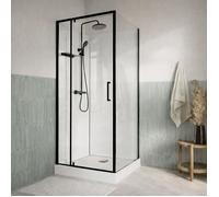 Cabine de Douche Carrée 90x90 - Colonne Thermostatique Noire et Receveur Haut Effet Pierre