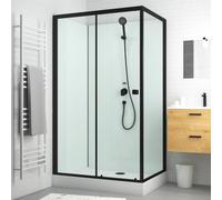 Cabine de douche rectangulaire 110x80x197 cm - Porte coulissante - Fonds Blancs & Profilés Noir Mat