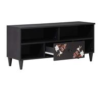 Cabinet Rangement Multimedia Bois Manguier Massif Floral Multicolore 100 x | Meuble bois exotique, poignee laiton, style contemporain, motif floral vibrant, entretien chiffon sec, rangement salon