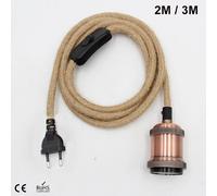 Câble de douille de douille de fil électrique, base de lampe, cordon de chanvre, alimentation, prise UE, rétro, interrupteur marche/arrêt, 2 m, 3 m
